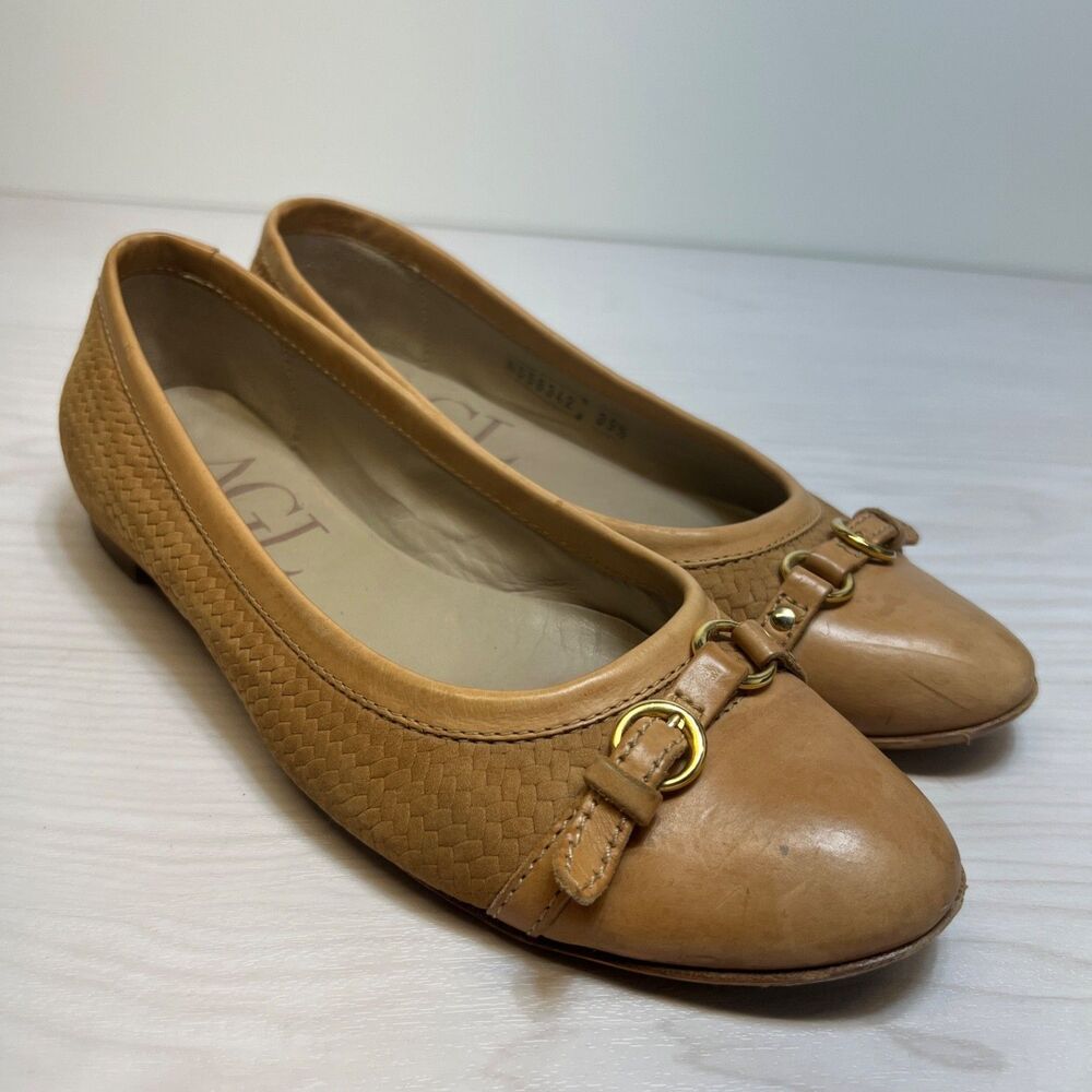 Womens 9.5 39.5 Attilio Giusti Leombruni AGL Ballet Flat Shoes Tan Woven Leather